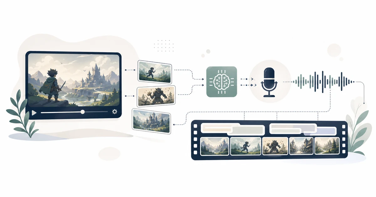 ゲーム動画をAIが自動実況する構想を表すサムネ風イラスト