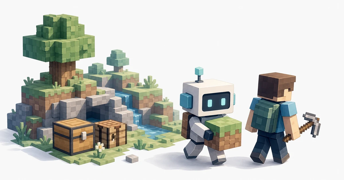 Minecraftで作業を手伝うAI相棒の構想を表すサムネ風イラスト